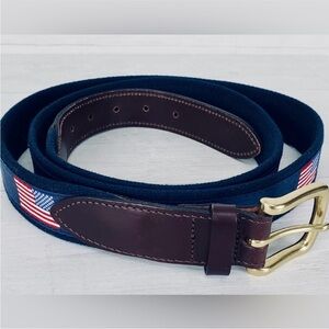 Vineyard Vines American Flag Canvas Club Belt Size 32 Navy + Brown Leather